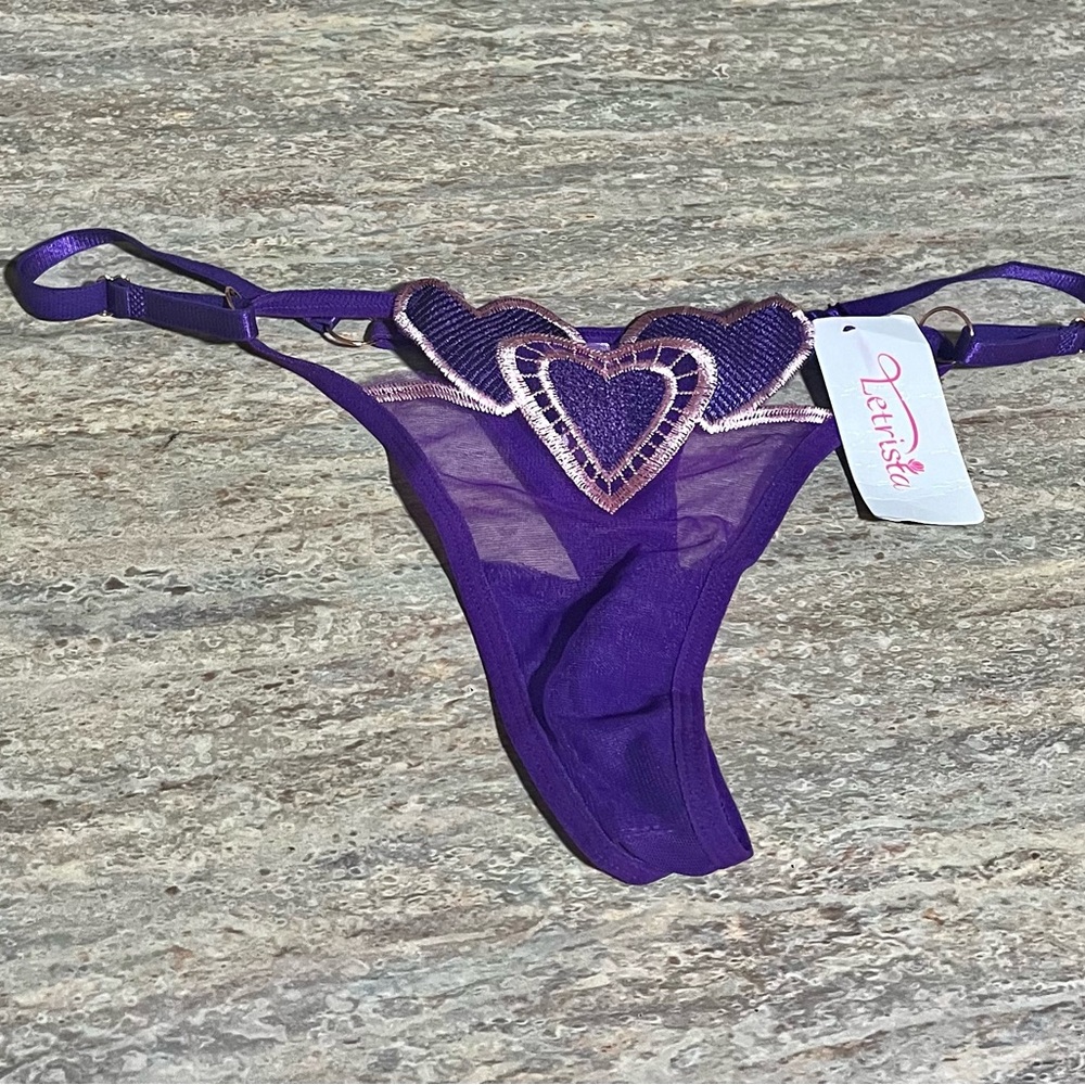 NWT Letrista Purple Heart Embellished adjustable Thong Panty